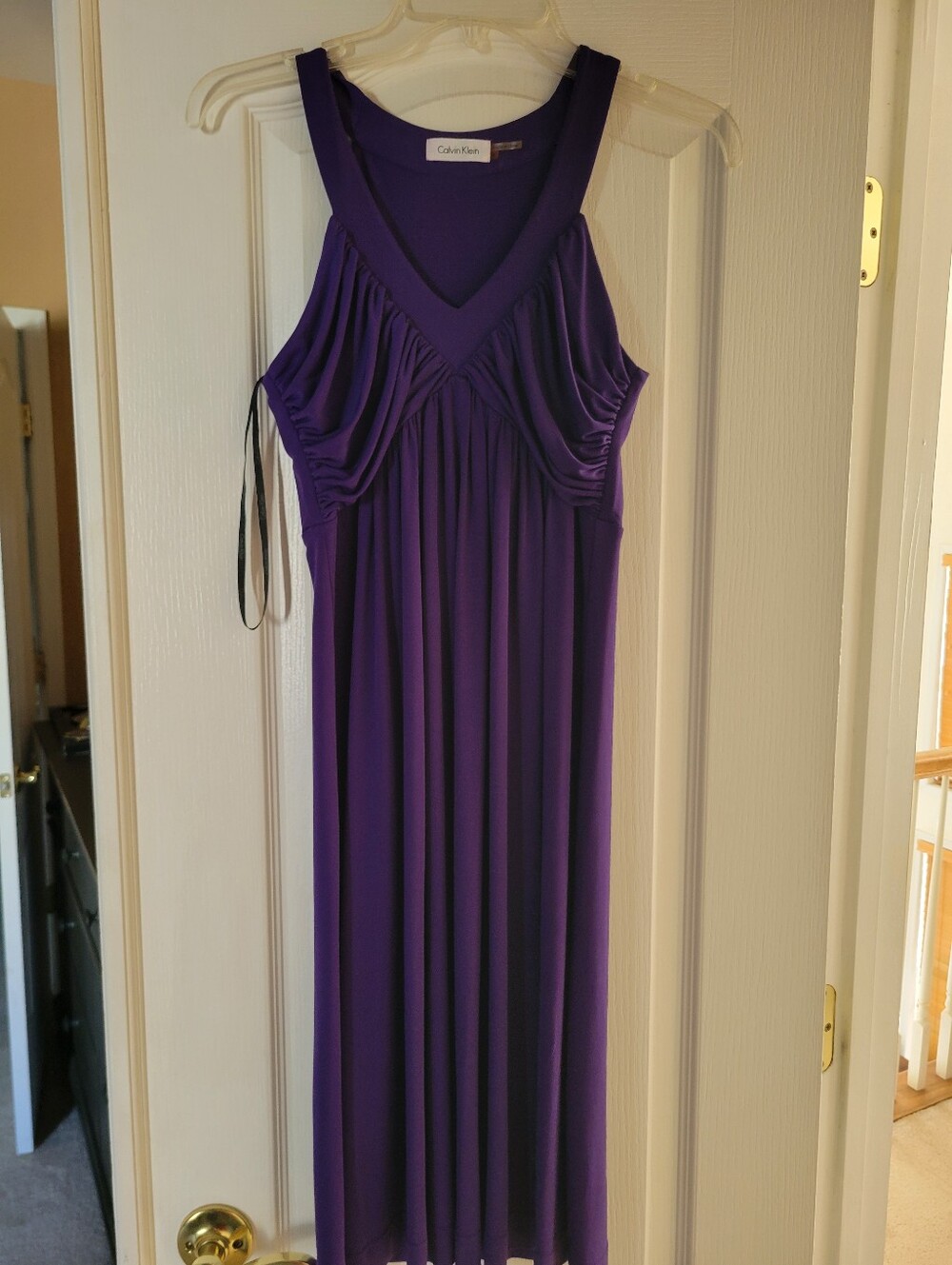Calvin Klein Purple Solid Ruched Sleeveless V-Neck Long A-Line Dress Size 4